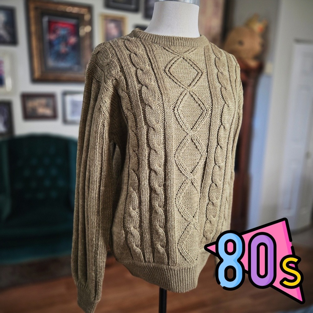 Vintage 80s‎ London Fog Women's Tan Cable Knit Sweater Pullover Size M